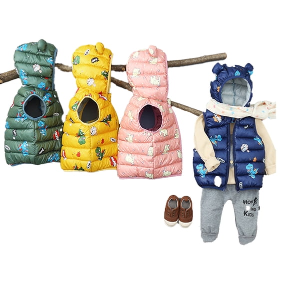 Girls Boys Sleeveless Down Vest Cartoon Printing Cotton Jackets with Hooded Fall Winter Bear Ear Coats Zipper Jackets for 9M-5Y