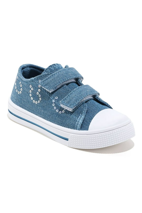 Toddler Kids Sneakers Girls Canvas Shoes with Hook and Loops, Blue Denim, Size 1