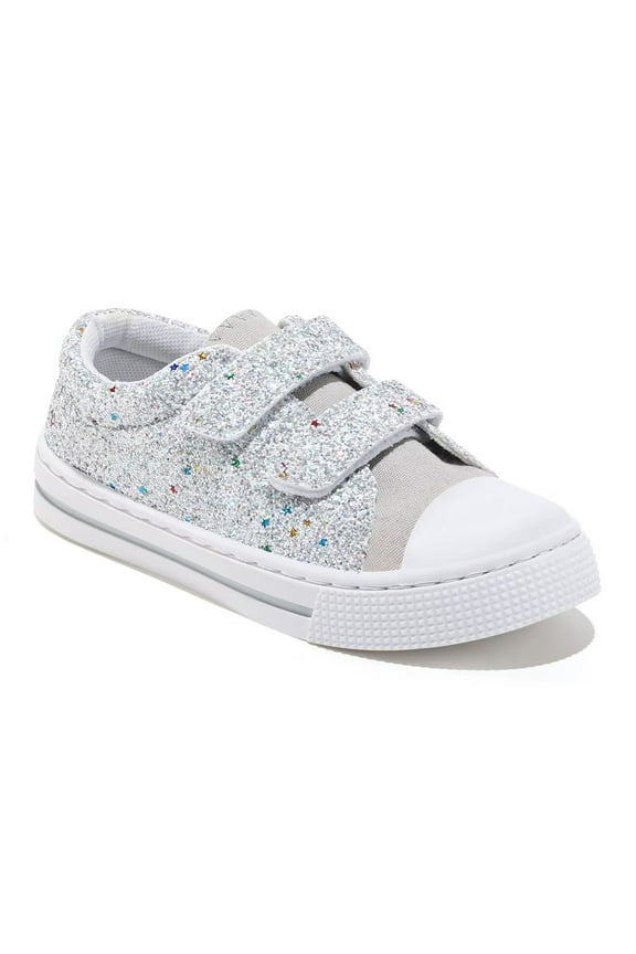 Toddler Kids Sneakers Girls Glitter Canvas Shoes with Hook and Loops, Silver, Size 13