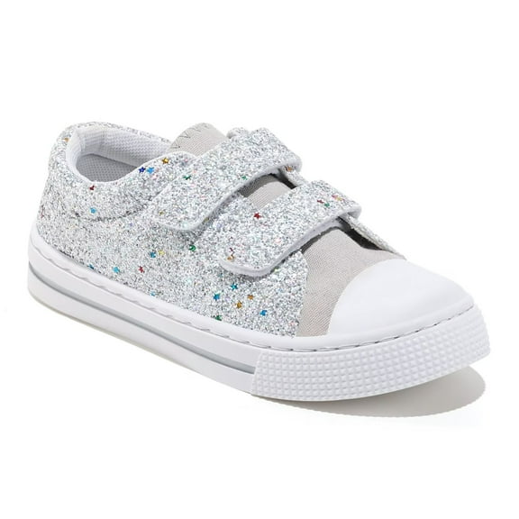 FUNCOO PLUS Kids Sneakers Toddler Girls Glitter Canvas Shoes with Hook and Loops, Silver, Size 7