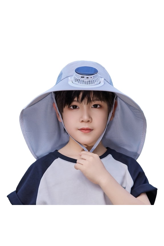 Girls Boys Solar Powered Fans Hats Summer Fashion Casual Bucket Wide Brim Adjusta Strap Sun Hat Protection Caps With Neck Flap Child Classic Beach Sunscreen Sunshade Cap,Light Gray,One Size
