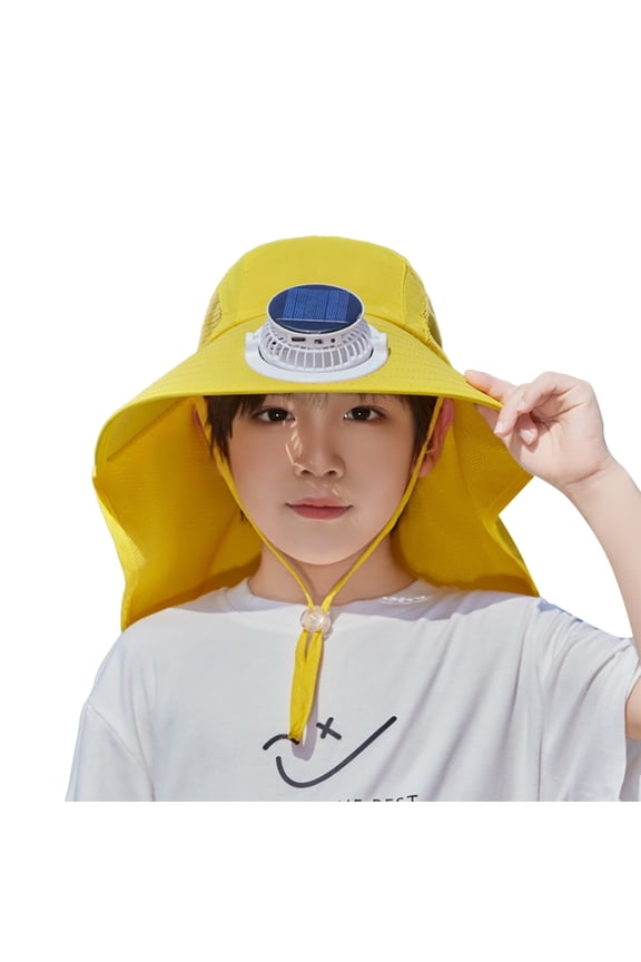 Girls Boys Solar Powered Fans Hats Summer Fashion Casual Bucket Wide Brim Adjusta Strap Sun Hat Protection Caps With Neck Flap Girls Leisure Beach Sunscreen Sunshade Cap,Yellow,One Size