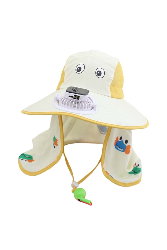 Girls Boys Solar Powered Fans Hats Summer Fashion Cute Cartoon Printed Bucket Wide Brim Adjustable Strap Sun Hat Protection Caps With Neck Flap Child Classic Beach Sunscreen Cap,Light Yellow,2