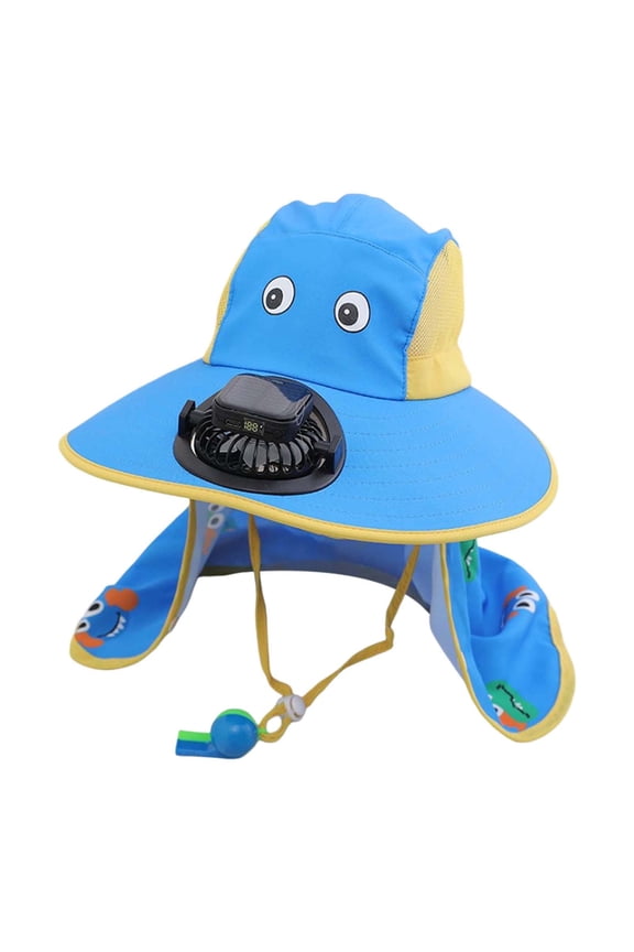 Girls Boys Solar Powered Fans Hats Summer Fashion Cute Cartoon Printed Bucket Wide Brim Adjustable Strap Sun Hat Protection Caps With Neck Flap Girls Leisure Beach Sunscreen Cap,Blue,1