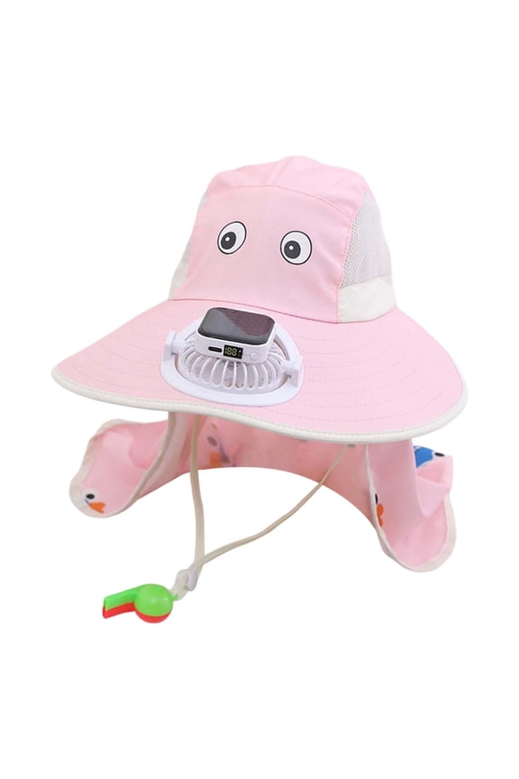 Girls Boys Solar Powered Fans Hats Summer Fashion Cute Cartoon Printed Bucket Wide Brim Adjustable Strap Sun Hat Protection Caps With Neck Flap Girls Leisure Beach Sunscreen Cap,Pink,1