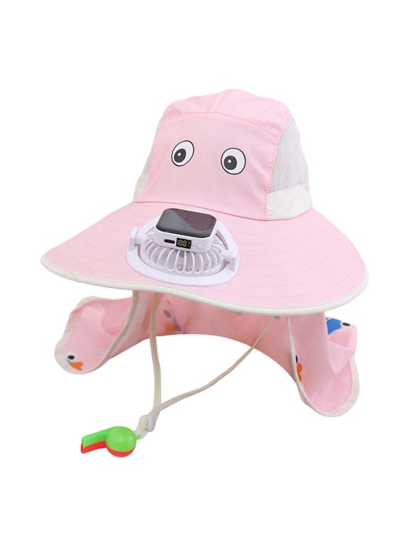 Girls Boys Solar Powered Fans Hats Summer Fashion Cute Cartoon Printed Bucket Wide Brim Adjustable Strap Sun Hat Protection Caps With Neck Flap Kids Stylish Beach Sunscreen Sunshade Cap,Pink,3
