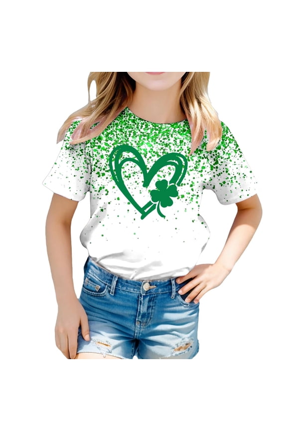 Girls Boys St. Patrick's Day T-Shirt Clover Shamrock Printing Round Neck Short Sleeve Shirts For Kids Unisex Irish Graphic Tees Green 10-11 Years