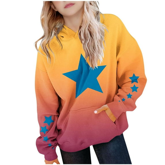 Girls Boys Star Printed Sweatshirt Tie Dye Pullover Shirt Fleece Hooded Jumper PE School Warm Coats Long Sleeve Top New Casual Fashion for Childrens Unisex Yellow 13-14 Years