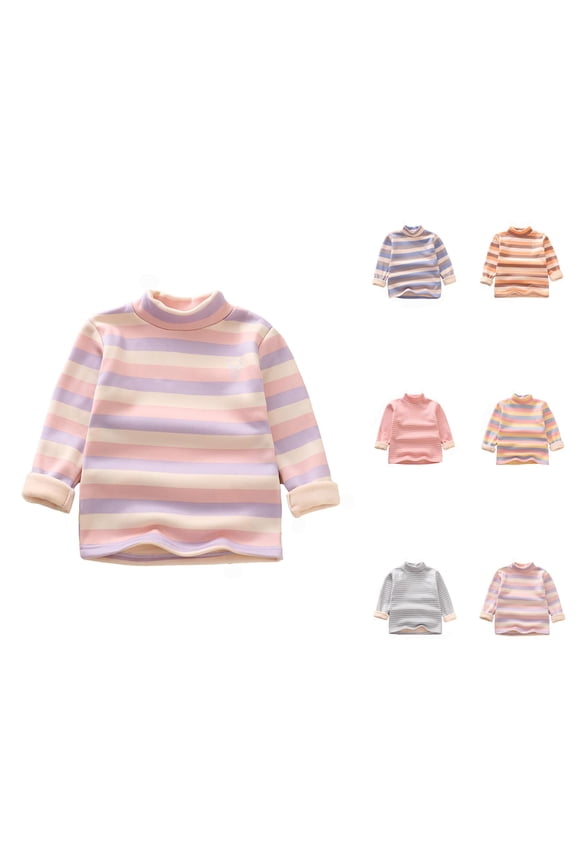 Girls Boys Striped Undershirts 2026 Fall Winter Long Sleeve Thick Warm Casual Neck Shirts Kids Pullover Blouse Top