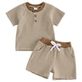 thumbnail image 1 of Girls Boys Summer Outfit 3 6 12 18 Months 2T 3T 4T 5T Toddler Stripes Flower Cute Clothes Short Sleeve Crewneck Tees Shirt and Shorts Clothing Set (3-6 Months,Brown), 1 of 5