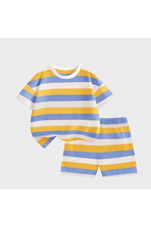 Girls Boys Summer Outfits Comfy Casual Rainbow Striped Short Sleeve T-Shirt + Elastic Waist Shorts 2 Pieces Sets Blue 1-2 Years