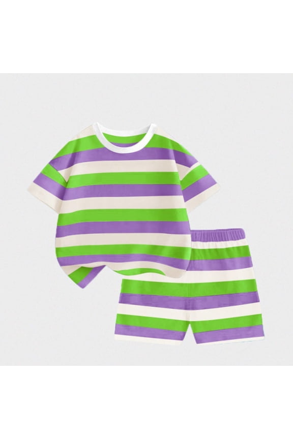 Girls Boys Summer Outfits Comfy Casual Rainbow Striped Short Sleeve T-Shirt + Elastic Waist Shorts 2 Pieces Sets Purple 9-10 Years