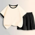 thumbnail image 1 of Girls Boys Summer Outfits Comfy Cotton Casual Color Block Short Sleeve T-Shirt + Elastic Waist Shorts 2 Pieces Sets Black 3-4 Years, 1 of 5