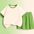 thumbnail image 1 of Girls Boys Summer Outfits Comfy Cotton Casual Color Block Short Sleeve T-Shirt + Elastic Waist Shorts 2 Pieces Sets Green 7-8 Years, 1 of 5