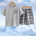 thumbnail image 1 of Girls Boys Summer Outfits Comfy Cotton Casual Short Sleeve T-Shirt + Elastic Waist Plaid Printed Shorts 2 Pieces Loungewear Sets Gray 12-14 Years, 1 of 9
