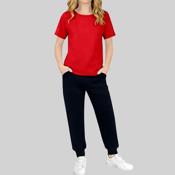 Girls Boys Summer Outfits Comfy Solid Color Casual Short Sleeve Round Neck T-Shirt + Pants 2 Pieces Tracksuits Sets with Pockets Red 3-4 Years