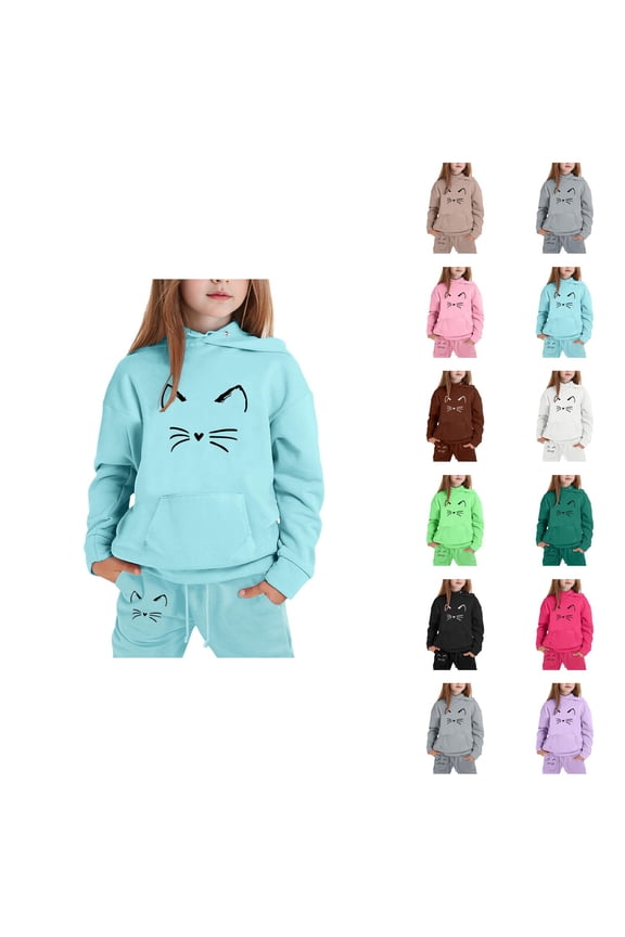 Girls Boys Sweat Set Cute Cat Hoodie and Jogging Sweatpants 2 Piece Matching Jogger Set Boys Girls Activewear Sets