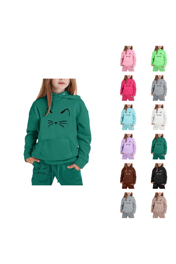 Girls Boys Sweat Set Cute Cat Hoodie and Sweatpants Joggers 2 Piece Matching Sweatsuit Boys Girls Jogging Suits