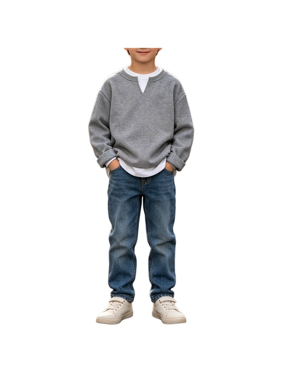 Girls Boys Sweatshirt Patchwork Pullover Tops School Outfits Fall Fashion Cotton Faux Double Layer Long Sleeve Shirts Crew Neck Sweatshirts V-notch Detail Loose Fitted Casual Winter Clothes