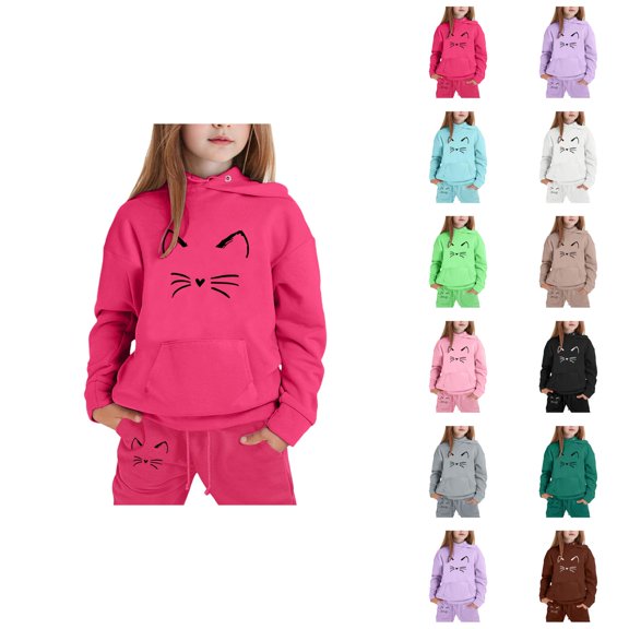Girls Boys Sweatsuit Cute Cat Hoodie and Sweatpants Joggers 2 Piece Matching Set Kids Jogging Suits