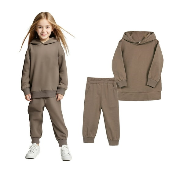 Girls Boys Sweatsuit Set 2 Piece Long Sleeve Brown Hooded Sweatshirt Sweatpants Winter Clothes Girls Matching Sets2-3 Years Boys Girls Fashion