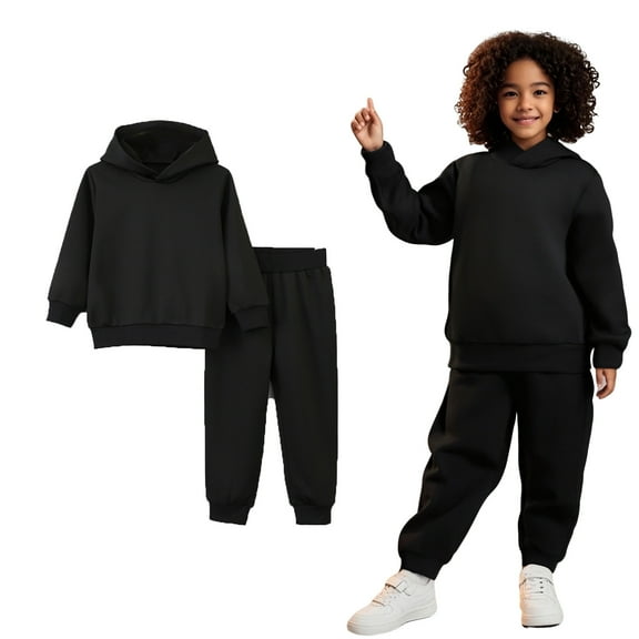 Girls Boys Sweatsuit Set 2PC Long Sleeve Black Basic Hoodie Jogging Pants Fall Clothes 3-4 Years Boys Clothes Boys Girls Fashion