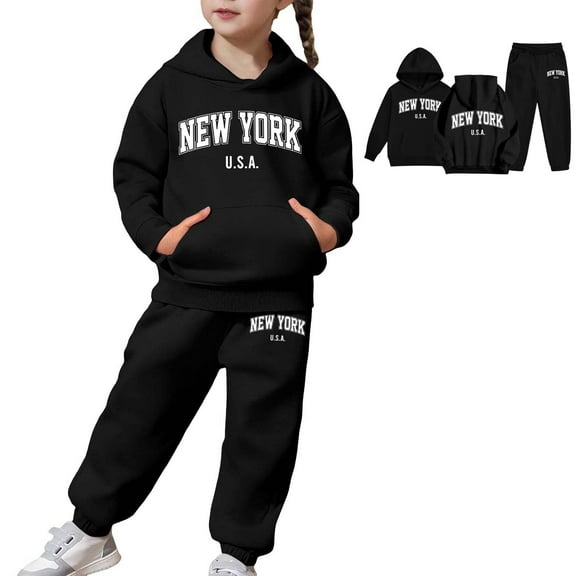 Girls Boys Sweatsuit Set 2PC Long Sleeve Letter Printing Black Tracksuit Pullover Hoodie Leggings Pants Fall Winter Clothes Boys Outfits 2T