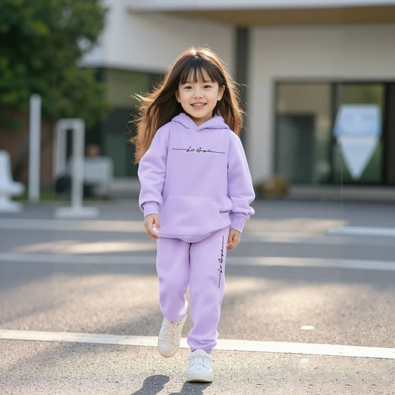 Girls Boys Sweatsuit Set 2PC Long Sleeve Letter Printing Purple Hooded Sweatshirt and Jogger Pants Fall Clothes Girls Set 2T