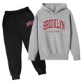 thumbnail image 1 of Girls Boys Sweatsuit Set 2PC Tween Girls Fall Outfits Hooded with Sweatpants Graphic Letter Printed Long Sleeve Pullover Sweatshirt Fall Outfits Set Kids Sweatsuit 9-10 Years, 1 of 2