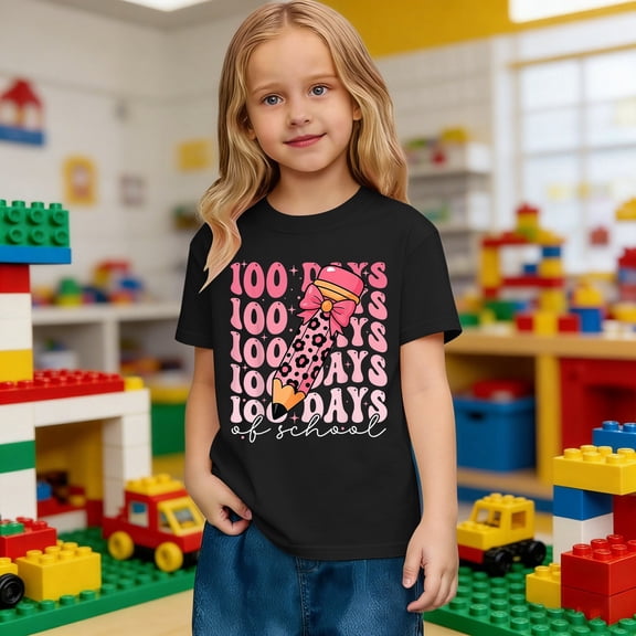 Girls Boys T Shirts 100th Day Of School Girls T-Shirt Cute Letter Graphic Short Sleeve Soft Comfortable Casual T Shirt for Girls Tees Shirts for Youth Girls for Back To School(Black,3-4 Years)