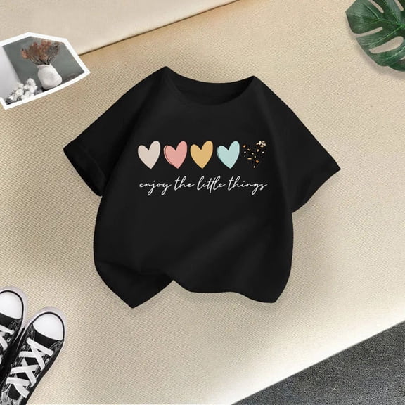 Girls Boys Tee Tops Girls Cute Graphic Print Round Neck Short Sleeve Tee Summer Casual T Shirt Black 5-6 Years