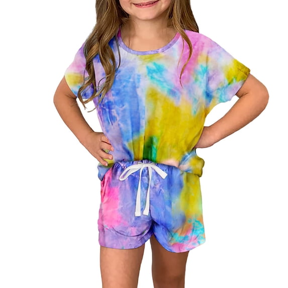 Girls Boys Tie Dye Shorts Set 2 Pieces Summer Set for Kids Short Sleeve Pullover Top + Ruffle Hem Shorts Set Yellow 4-5 Years