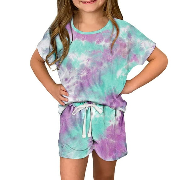 Girls Boys Tie Dye Summer Outfits Casual Lounge Set Cap Sleeve T Shirt and Elastic Waist Shorts 2 Piece Clothing Sets Green 5-6 Years