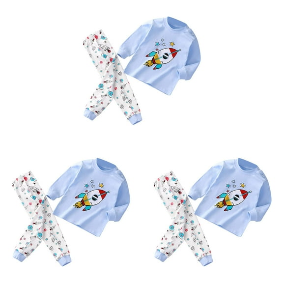 Girls Boys Toddler Soft Pajamas Toddler Cartoon Prints Long Sleeve Kid Sleepwear Sets,3-Piece