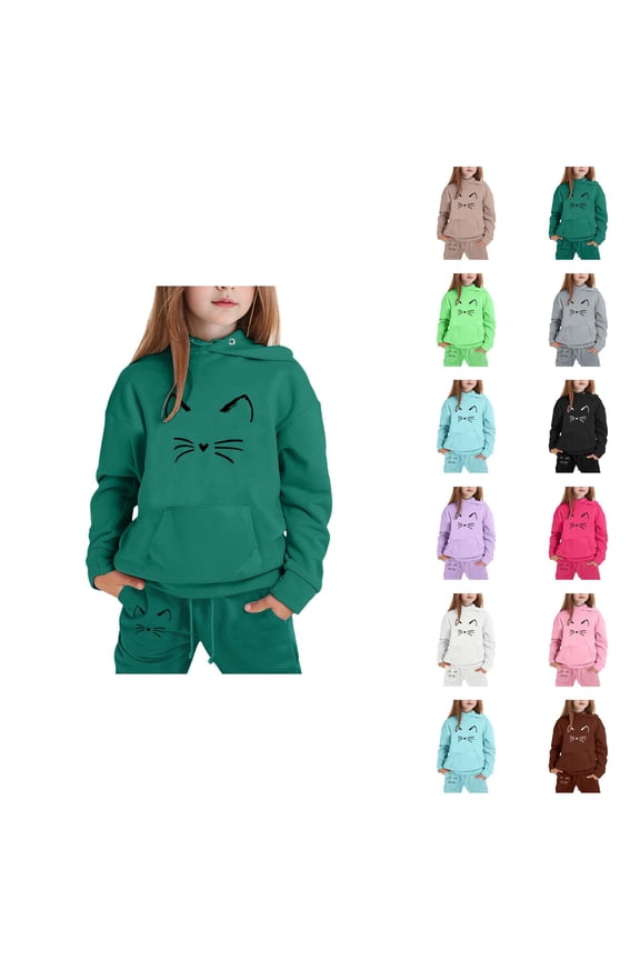 Girls Boys Track Suit Cute Cat Hoodie and Jogging Sweatpants 2 Piece Matching Track Suit Kids Hoodie Set