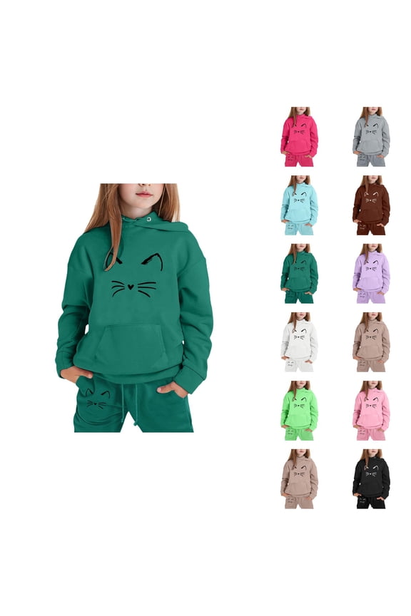 Girls Boys Track Suit Cute Cat Hoodie and Sweatpants Joggers 2 Piece Matching Sweatsuit Kids Lounge Set