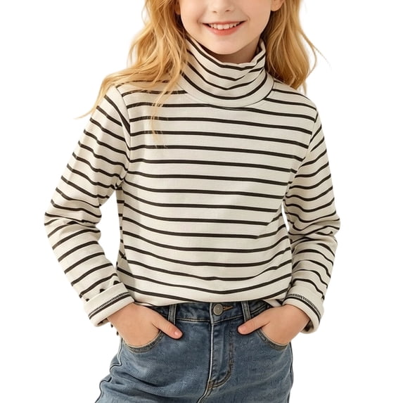 Girls Boys Turtleneck Long Sleeve Tops Striped Pullover Slim Fit Layering Fall Winter Fashion Soft Comfort Base Shirts Black 5-6Years