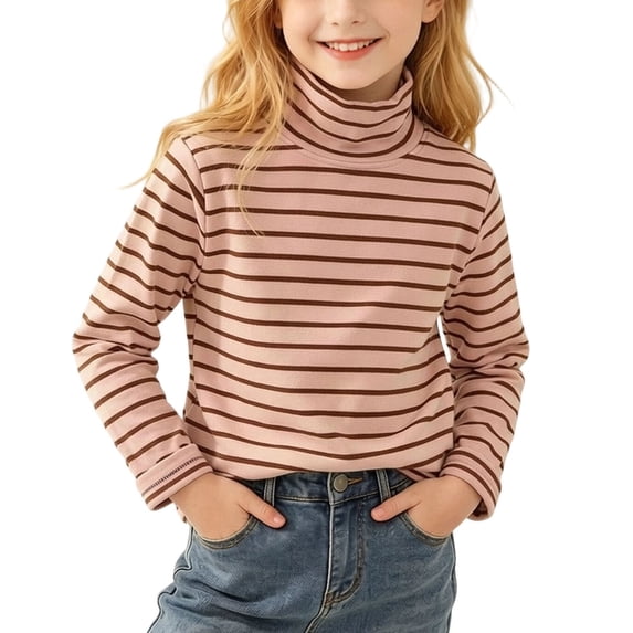 Girls Boys Turtleneck Long Sleeve Tops Striped Pullover Slim Fit Layering Fall Winter Fashion Soft Comfort Base Shirts Pink 12-13Years