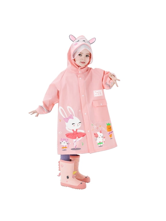 Girls Boys Waterproof Cartoon Rabbit Cat Print Hooded Rain Coat with 3D Ears for School Outdoor Rainy Days Rainwear 4-5 Years