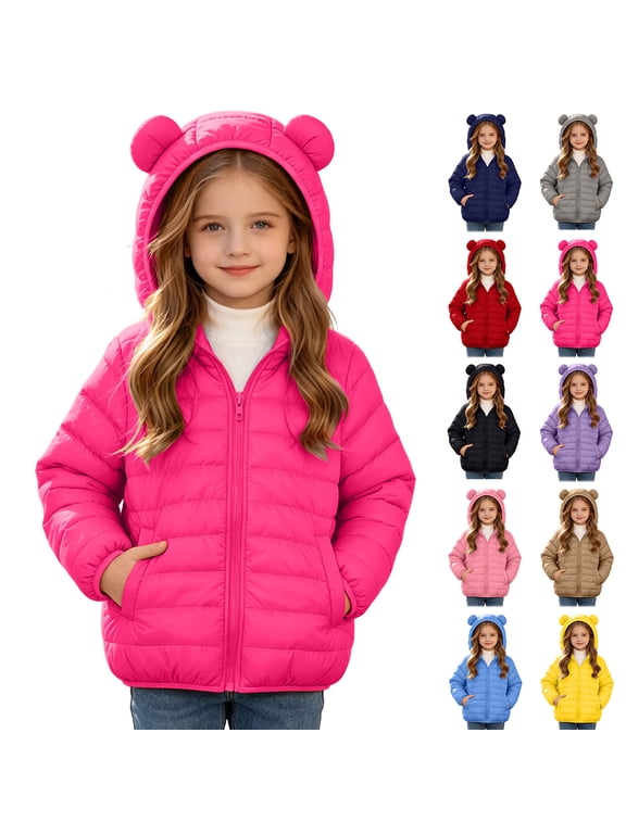 Girls Boys Winter Hooded Cotton Jacket Outwear Solid Color Long Sleeve Warm Coats With Pockets Zipper Bear Ears Coat For Cold Outside