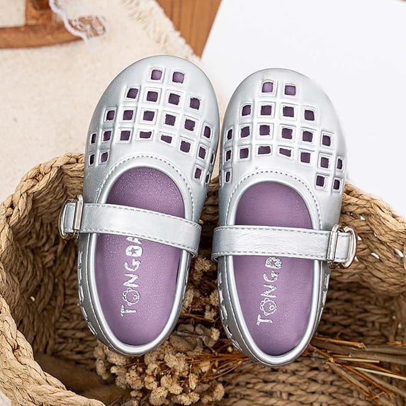 Girls Breathable Mary Jane Flats Lightweight PU Faux Leather School Shoes Non-Slip Adjustable Strap Gray,Size 9.5