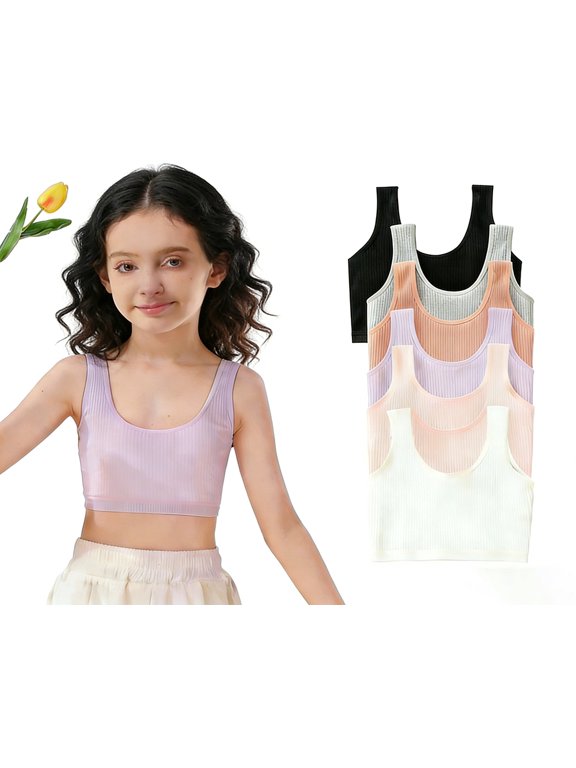 Girls Breathable Seamless Cami Bralettes, Training Bras Cotton Stretch Striped Vest, 6PCS Soft Youth Crop Sports Bra for Tweens