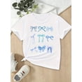 thumbnail image 1 of Girls' Breathable Stretch T-Shirt with Blue Bow Print - Casual Round Neck Summer Top, Machine Washable, 1 of 5