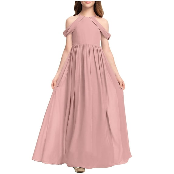 Girls Bridesmaid Dresses Cold Shoulder A-line Flowy Long Dress Fashion Solid Color Party Pageant Gown for 3-15 Years