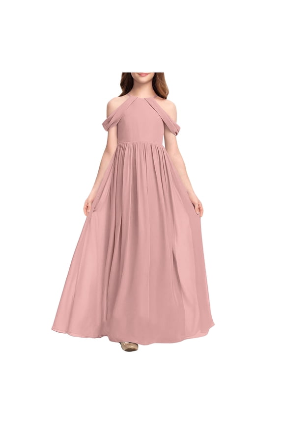 Girls Bridesmaid Dresses Cold Shoulder A-line Flowy Long Dress Fashion Solid Color Party Pageant Gown for 3-15 Years