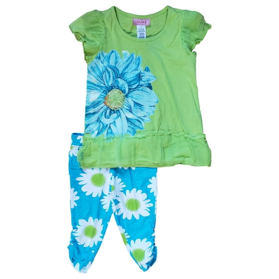 Girls Bright Green Blue Sparkle Peony Flower Top & Ruched Legging 2 Piece Set 5