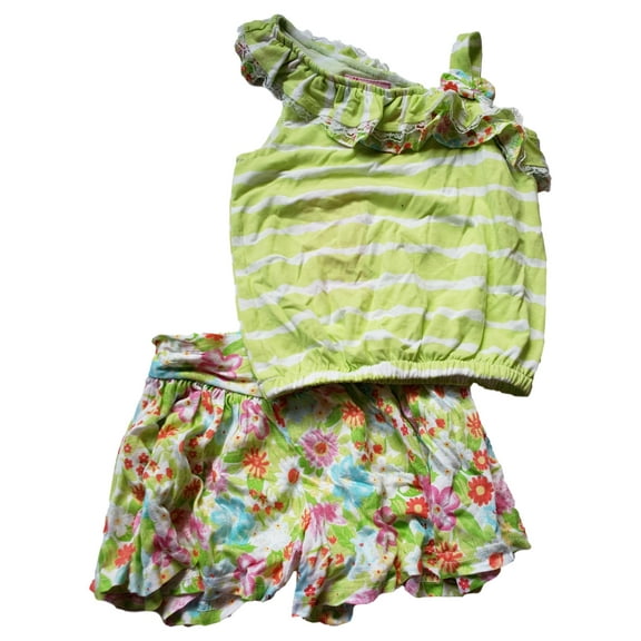 Girls Bright Green Ruffled Tank Top & Shorts 2 Piece Summer Floral Outfit Set 4