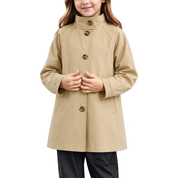 Girls British Style Mid-Length Trench Coat, Kids Double Lapel Windbreaker Jacket, Elegant Button Down Outerwear for Fall Daily Casual Wear(Khaki1,5-6 Years)