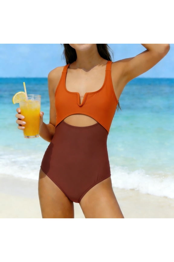 Girls Brown Colorblock One Piece Swimsuit Cut Out V-Neck Keyhole Racerback High Waisted Tummy Control UPF 50+ Chlorine Resistant Quick Dry,Size 8-9T
