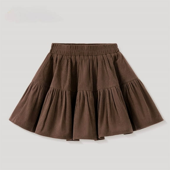 Girls' Brown Corduroy A-Line Tiered Ruffled Skirt - Cotton Spandex Elastic Waist for Kids 5-14 Years,Size 7 T